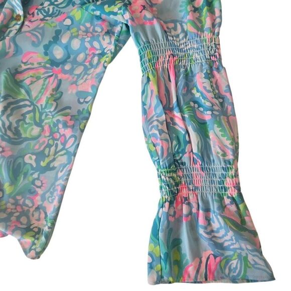 Lilly Pulitzer Womens Maritza Lileeze Button Front Blouse Ibiza Blue Aqua Small - Picture 6 of 11